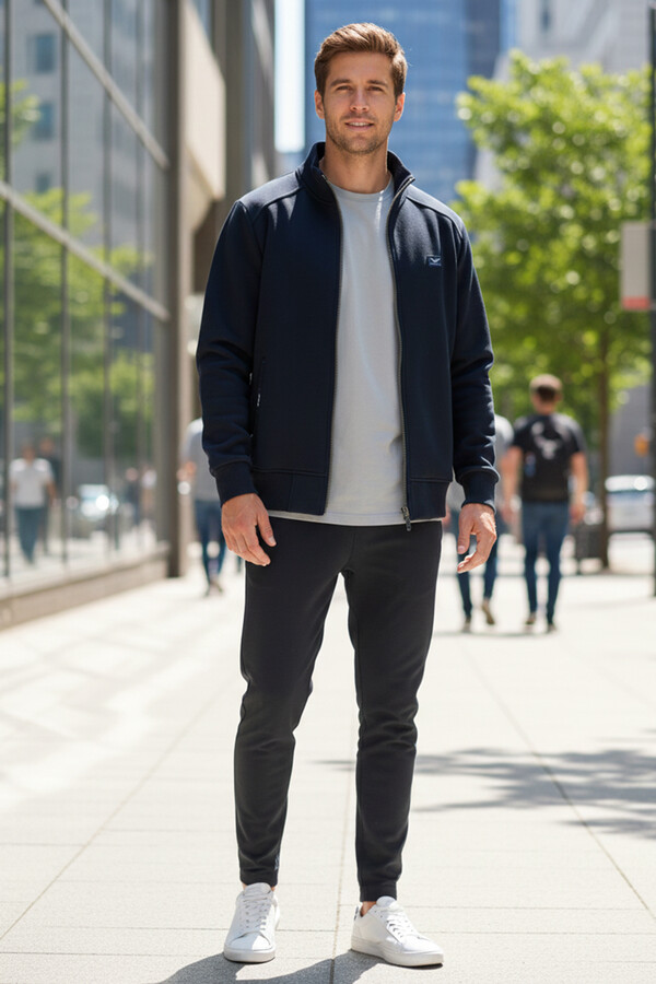 Erkek Üç İplik Şardonlu Pamuklu Önü Fermuarlı Tek Üst Ceket 0347 Koyu Lacivert - Thumbnail