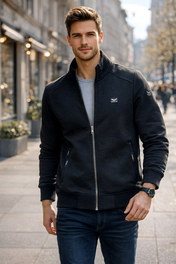 Erkek Üç İplik Şardonlu Pamuklu Önü Fermuarlı Tek Üst Ceket 0347 Siyah - Thumbnail