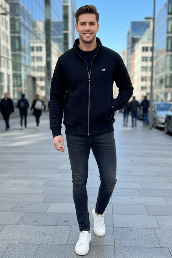 Erkek Üç İplik Şardonlu Pamuklu Önü Fermuarlı Tek Üst Ceket 0347 Siyah - Thumbnail