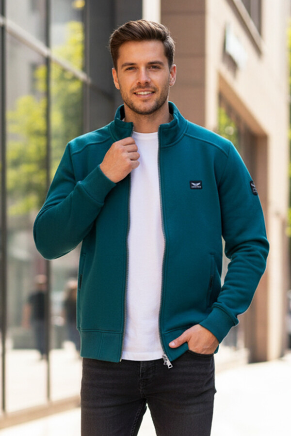 Erkek Üç İplik Şardonlu Pamuklu Önü Fermuarlı Tek Üst Ceket 0347 Zümrüt Yeşil - Thumbnail