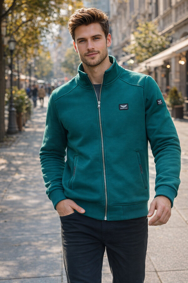 Erkek Üç İplik Şardonlu Pamuklu Önü Fermuarlı Tek Üst Ceket 0347 Zümrüt Yeşil - Thumbnail