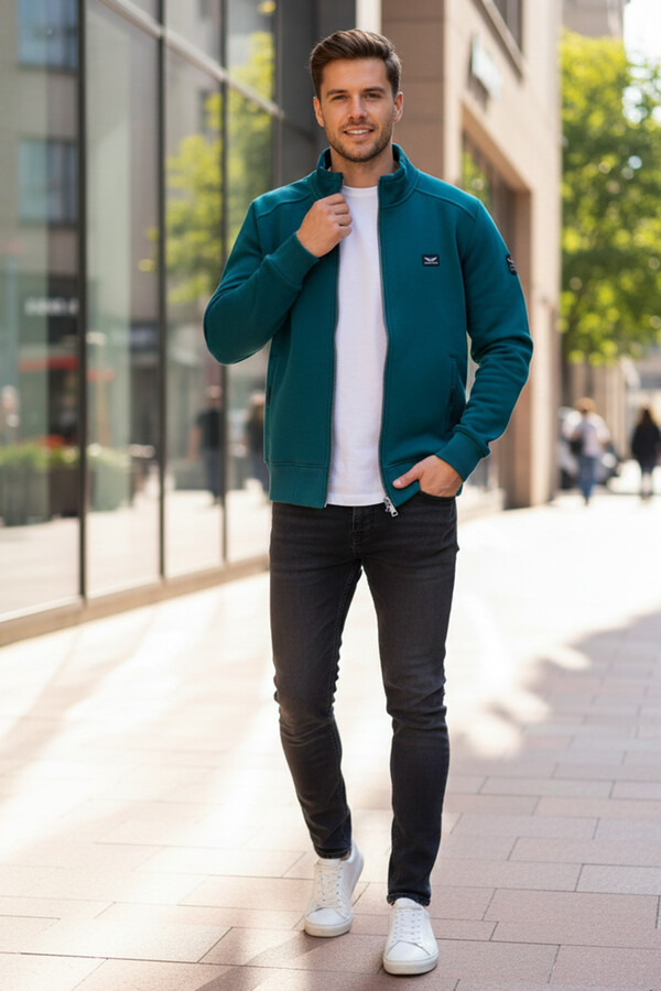 Erkek Üç İplik Şardonlu Pamuklu Önü Fermuarlı Tek Üst Ceket 0347 Zümrüt Yeşil - Thumbnail