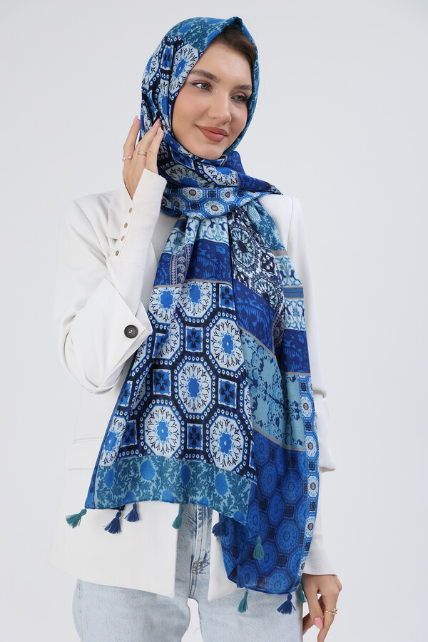 Remsa - Ethnic Pattern Tassel Detailed Women's Shawl 5081 Blue