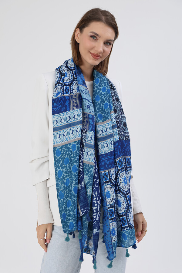 Remsa - Ethnic Pattern Tassel Detailed Women's Shawl 5081 Blue (1)