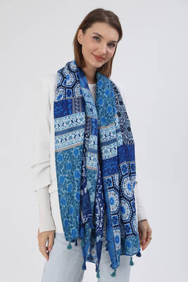 Remsa - Ethnic Pattern Tassel Detailed Women's Shawl 5081 Blue (1)