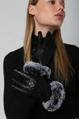 Remsa - Faux Fur Detail Quilted Pattern Women's Leather Gloves ELD-12 - Black (1)