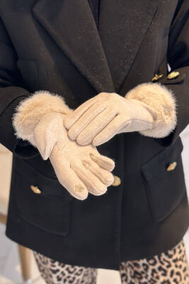 Remsa - Faux Fur Detail Women's Cashmere Gloves ELD-29 - Beige