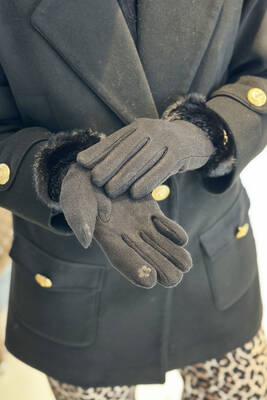 Remsa - Faux Fur Detail Women's Cashmere Gloves ELD-29 - Black