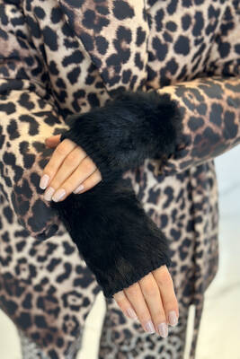 Remsa - Faux Fur Detail Women’s Knit Fingerless Gloves ELD-30 - Black