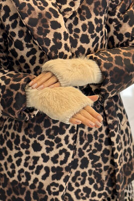 Remsa - Faux Fur Detail Women's Knitted Fingerless Gloves ELD-30 - Beige