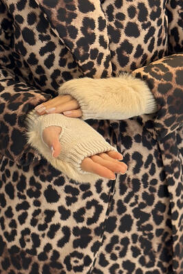 Remsa - Faux Fur Detail Women's Knitted Fingerless Gloves ELD-30 - Beige (1)