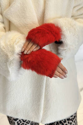 Remsa - Faux Fur Detail Women's Knitted Fingerless Gloves ELD-30 - Red