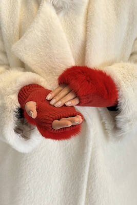 Remsa - Faux Fur Detail Women's Knitted Fingerless Gloves ELD-30 - Red (1)