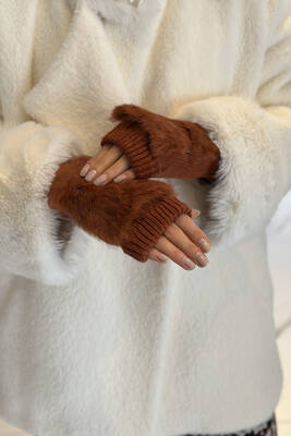 Remsa - Faux Fur Detail Women's Knitted Fingerless Gloves ELD-30 - Terracotta
