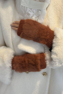 Remsa - Faux Fur Detail Women's Knitted Fingerless Gloves ELD-30 - Terracotta (1)