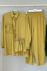 Lale Butik - Fırfır Detaylı Taşlı Pantolonlu Takım 951 Fıstık Yeşili