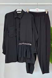 Lale Butik - Fırfır Detaylı Taşlı Pantolonlu Takım 951 Siyah