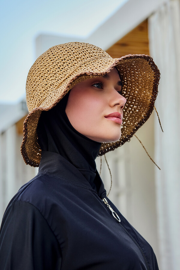 Floral Detail Hand-Knitted Straw Hat RS-84 Camel - Thumbnail