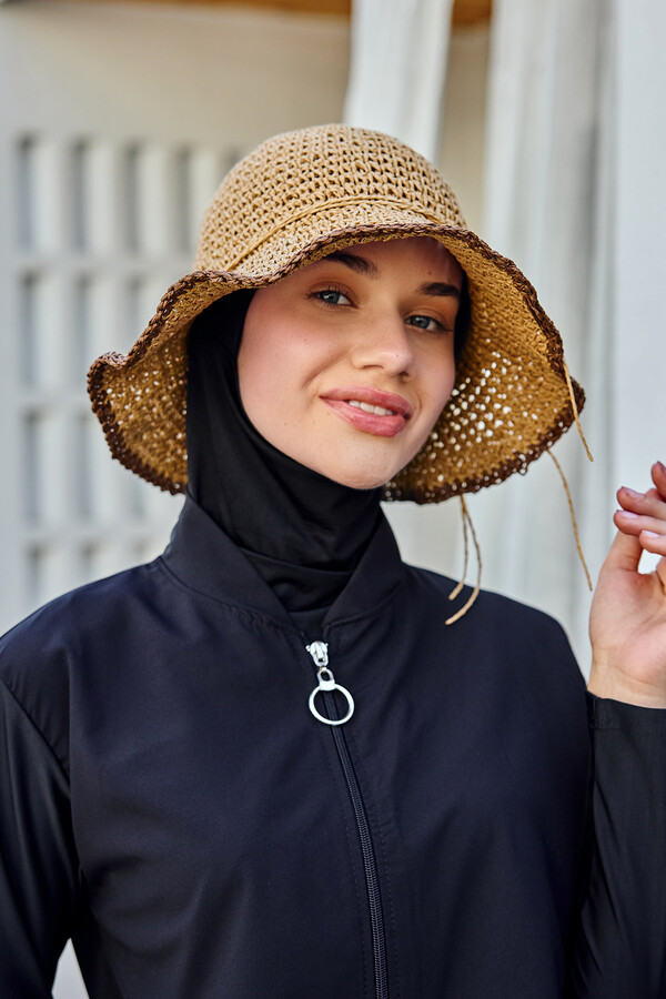 Floral Detail Hand-Knitted Straw Hat RS-84 Camel - Thumbnail