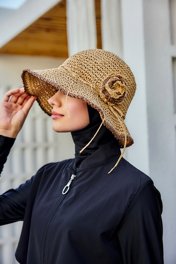 Floral Detail Hand-Knitted Straw Hat RS-84 Camel - Thumbnail