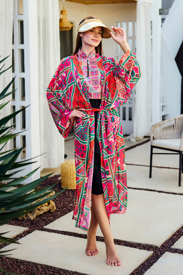 Floral Print Kaftan Pareo for Modest Beachwear - Thumbnail