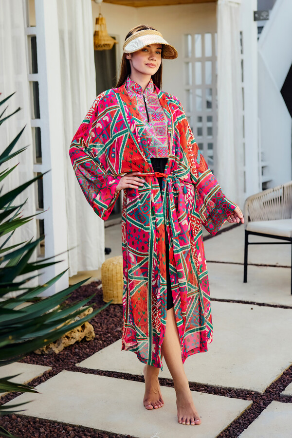 Floral Print Kaftan Pareo for Modest Beachwear - Thumbnail
