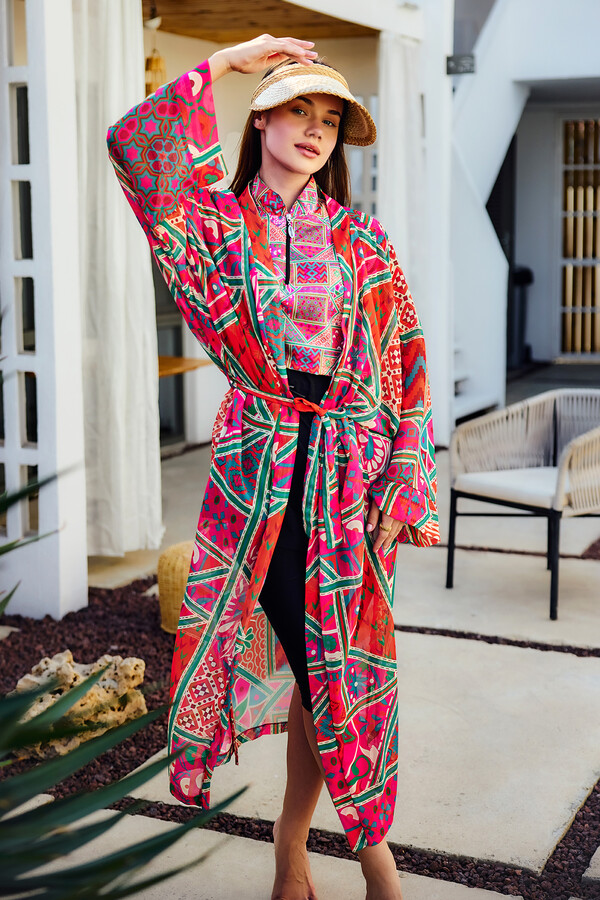 Floral Print Kaftan Pareo for Modest Beachwear - Thumbnail