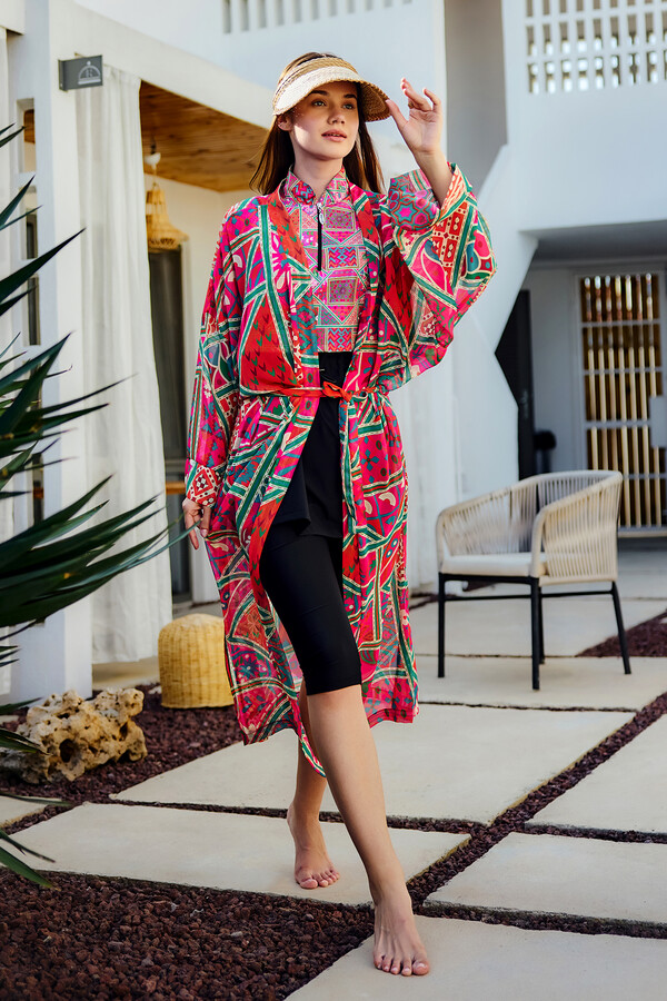 Floral Print Kaftan Pareo for Modest Beachwear - Thumbnail