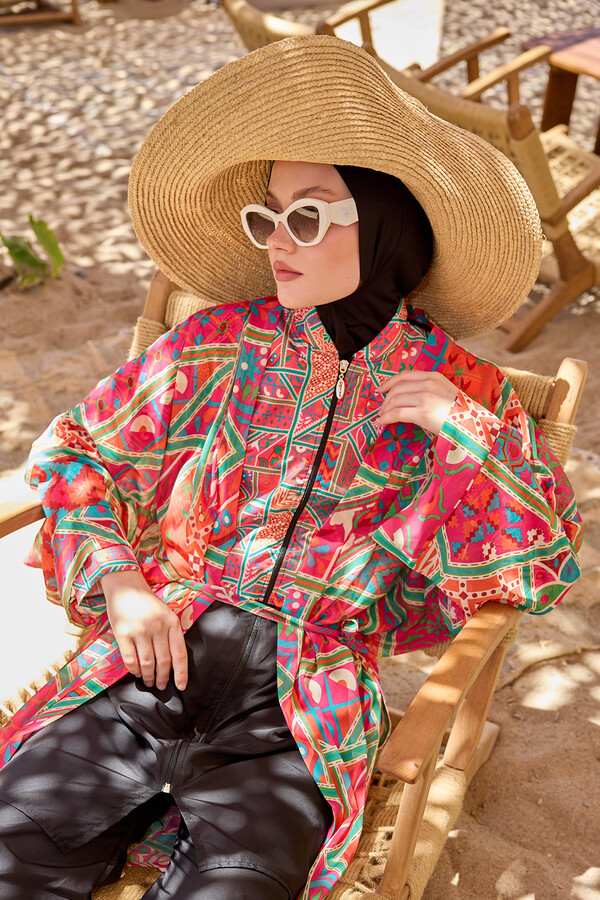 Floral Print Kaftan Pareo for Modest Beachwear - Thumbnail