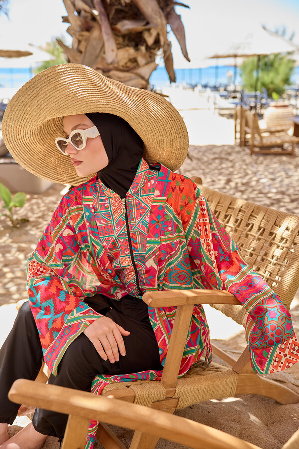Floral Print Kaftan Pareo for Modest Beachwear - Thumbnail