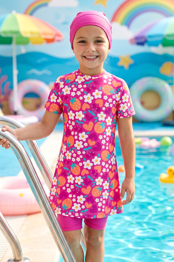 Maresiva - Floral Print Modest Swimwear Set with Swim Cap
