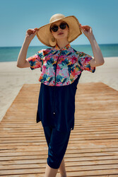 Remsa - Floral Print Short-Sleeve Half-Covered Swimwear Set