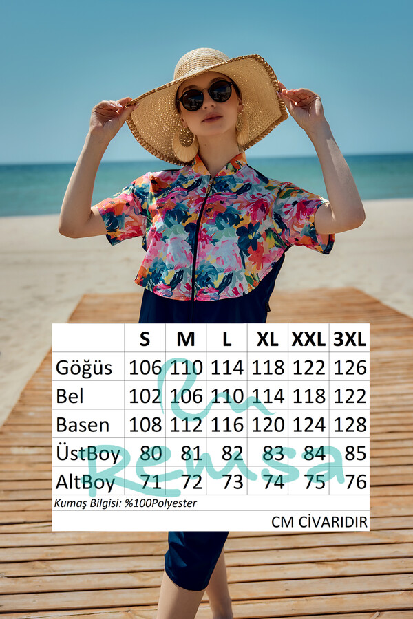 Floral Print Short-Sleeve Half-Covered Swimwear Set - Thumbnail