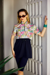 Remsa - Floral Print Short-Sleeve Semi-Covered Modest Swimwear Set in Navy
