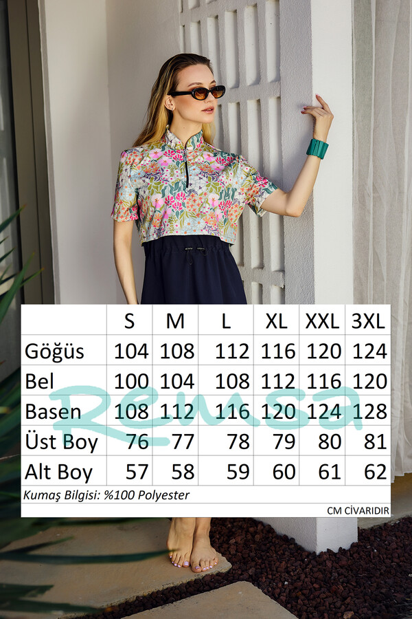 Floral Print Short-Sleeve Semi-Covered Modest Swimwear Set in Navy - Thumbnail