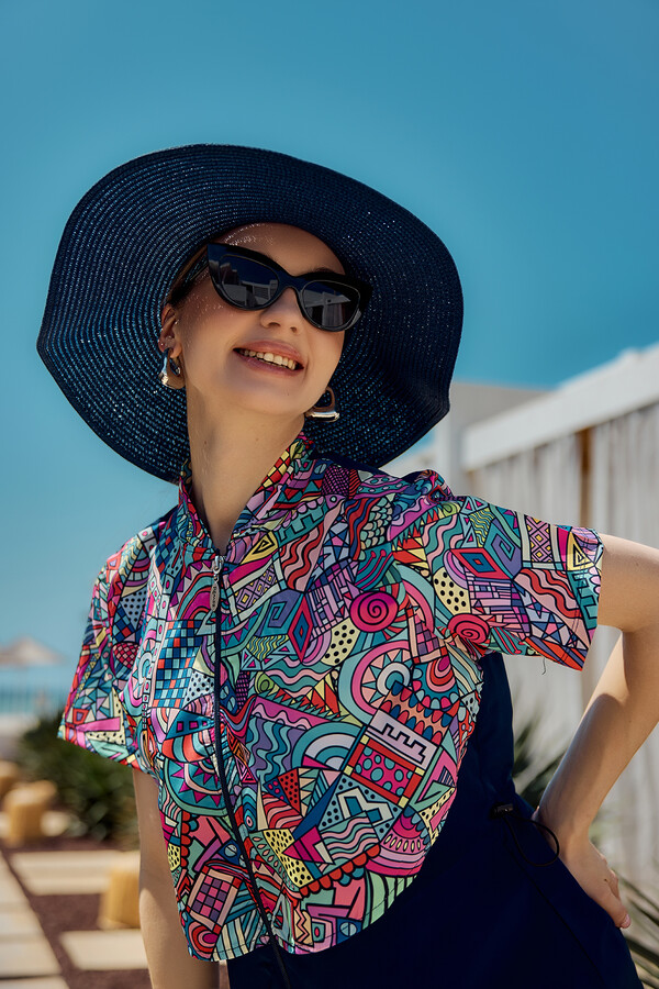 Floral Print Short Sleeve Semi-Covered Swimwear Set - Thumbnail