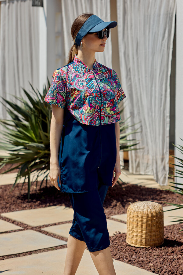 Floral Print Short Sleeve Semi-Covered Swimwear Set - Thumbnail