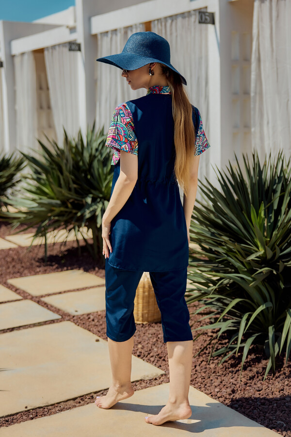 Floral Print Short Sleeve Semi-Covered Swimwear Set - Thumbnail