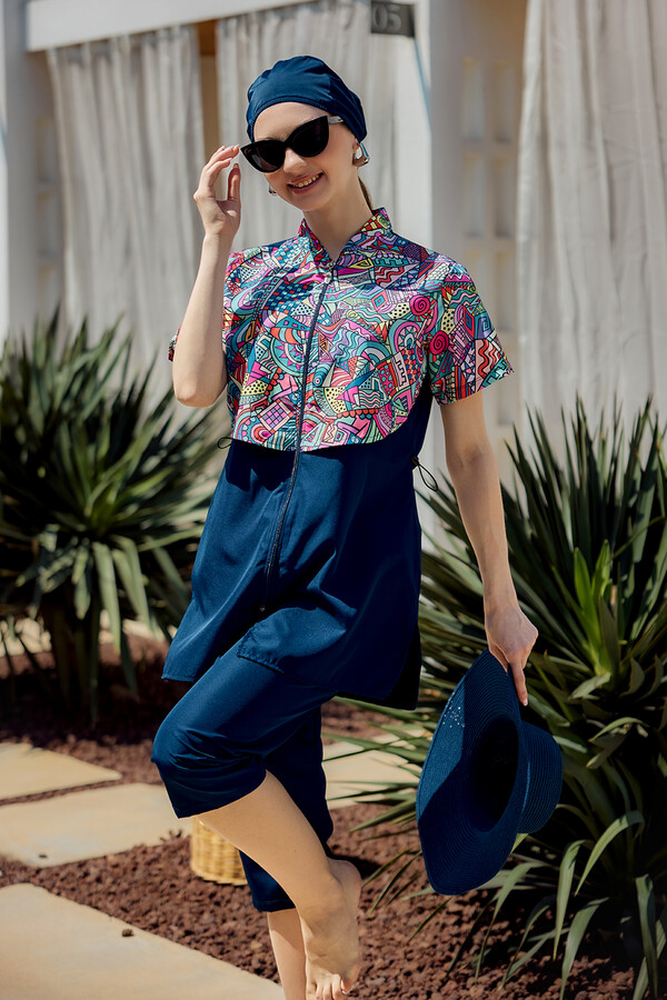 Floral Print Short Sleeve Semi-Covered Swimwear Set - Thumbnail