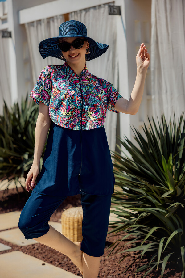 Floral Print Short Sleeve Semi-Covered Swimwear Set - Thumbnail