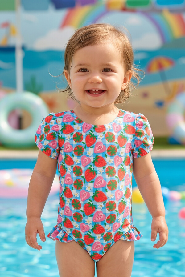 Floral Print Short Sleeve Swimwear Set for Girls - Thumbnail