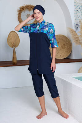 Maresiva - Floral Print Short-Sleeve Tunic Modest Swimsuit Set (1)