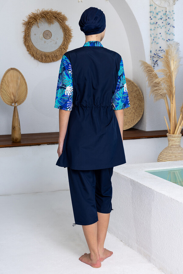 Floral Print Short-Sleeve Tunic Modest Swimsuit Set - Thumbnail