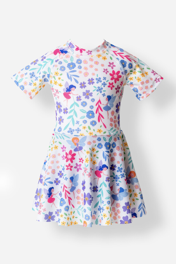 Floral Print UPF 50+ Short Sleeve Swim Dress for Girls - Thumbnail