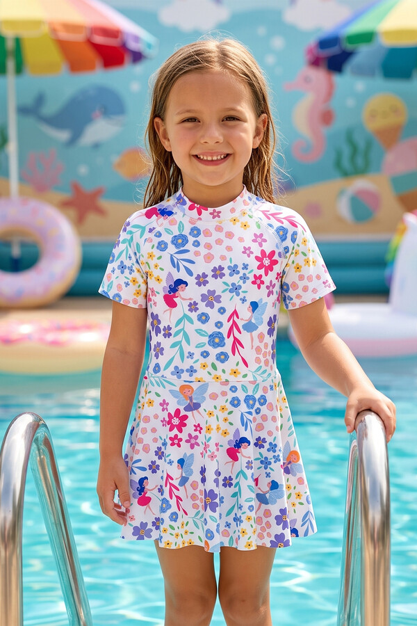 Neopy - Floral Print UPF 50+ Short Sleeve Swim Dress for Girls