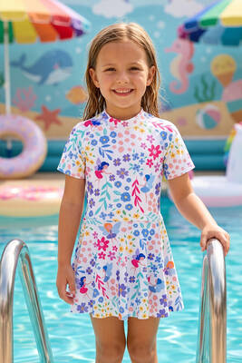 Neopy - Floral Print UPF 50+ Short Sleeve Swim Dress for Girls