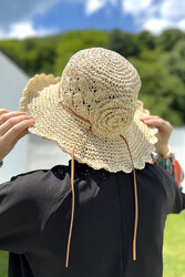 Remsa - Flower Detailed Hand Knitted Straw Hat RŞ-84 Beige
