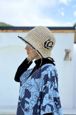 Remsa - Flower Detailed Hand Knitted Straw Hat RŞ-84 Navy Blue Remsa - Flower Detailed Hand Knitted Straw Hat RŞ-84 Navy Blue