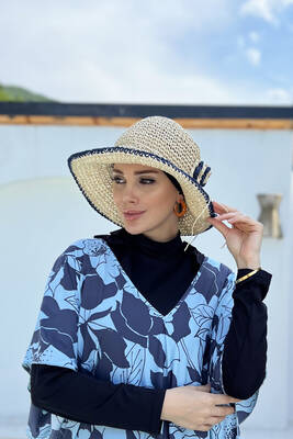 Remsa - Flower Detailed Hand Knitted Straw Hat RŞ-84 Navy Blue (1) Remsa - Flower Detailed Hand Knitted Straw Hat RŞ-84 Navy Blue (1)