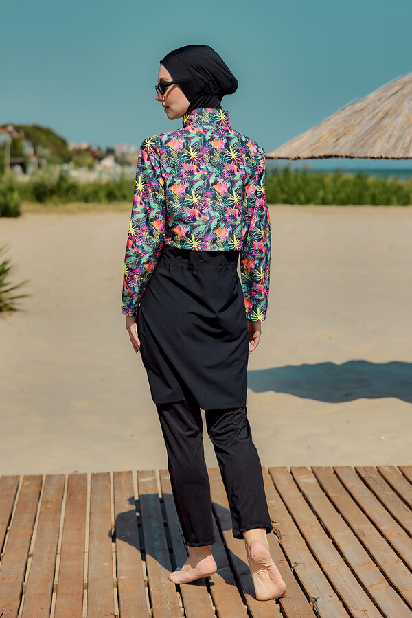 Full-Cover Modest Swimwear Set Black Patterned Remsa Mayo - Thumbnail